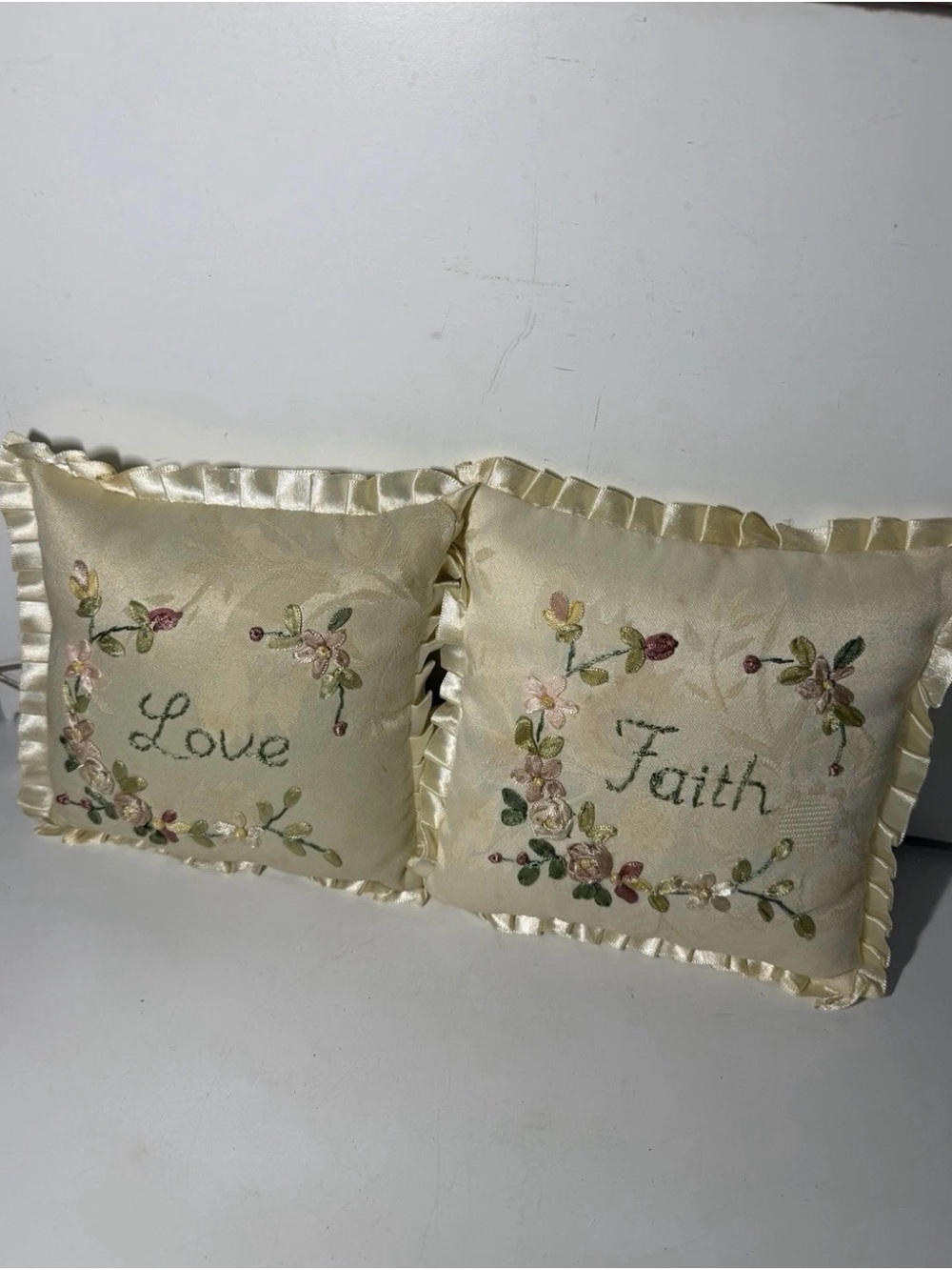 Embroidered "Love" and "Faith" Satin-Trim Accent Pillow Pair - Cream - Picture 2 of 12